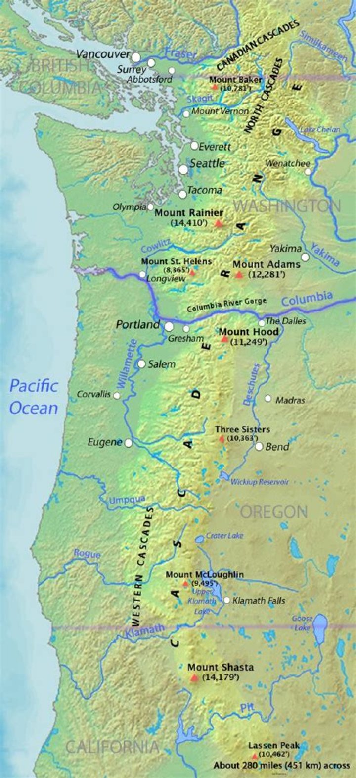 What are the major cities in the Cascade Mountains?